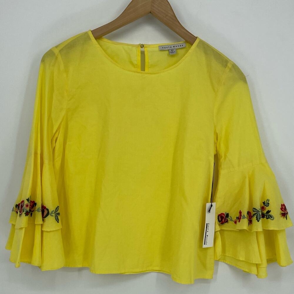 Haute Monde NEW Yellow Embroidered Bell Sleeve Blouse Size Medium